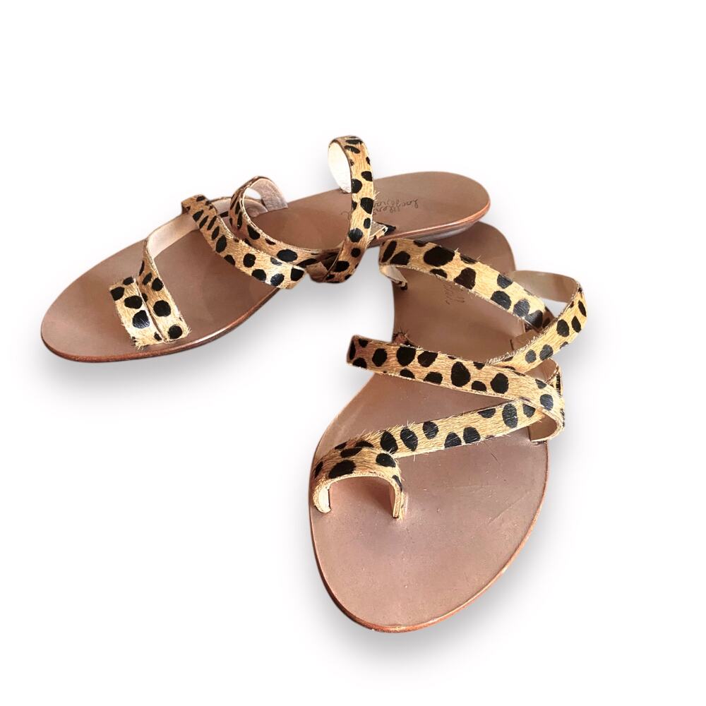 New Loeffler Randall Calf Hair Flat Sandal Fit Sz 6.5 Cheetah Straps Toe Ring - Picture 3 of 11